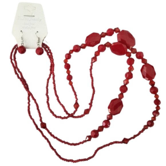 FASHION JEWELRY Red Beaded Necklace & Earring 3-Piece Set Lead-Free Nickel Free - Picture 1 of 4